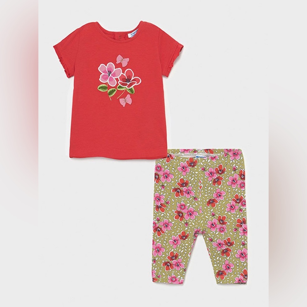 Size 12 months Mayoral Coral Top with Olive Floral Leggings
